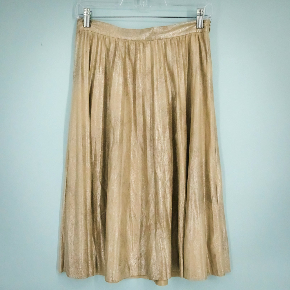 Maeve Anthropologie Size Small S Tan Metallic Pleated Side Zip Midi Skirt